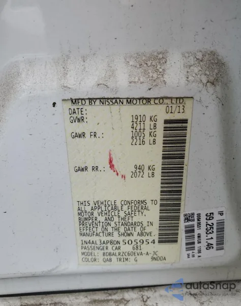 2013 Nissan Altima 2.5 from USA, damaged, VIN 1N4AL3AP8DN505954